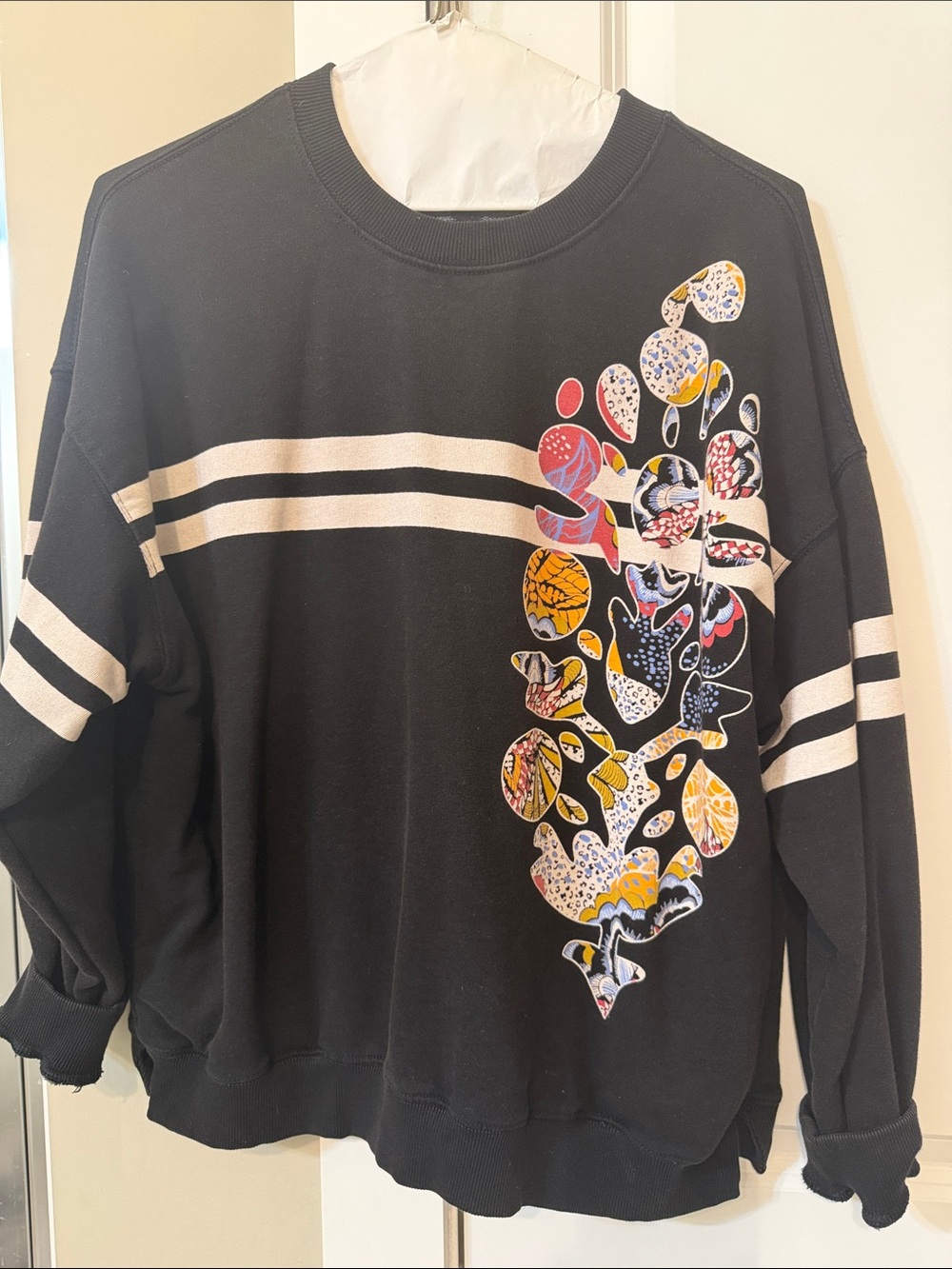 FP Movement by Free People Black Crewneck Sweater with Multicolor Floral Motif